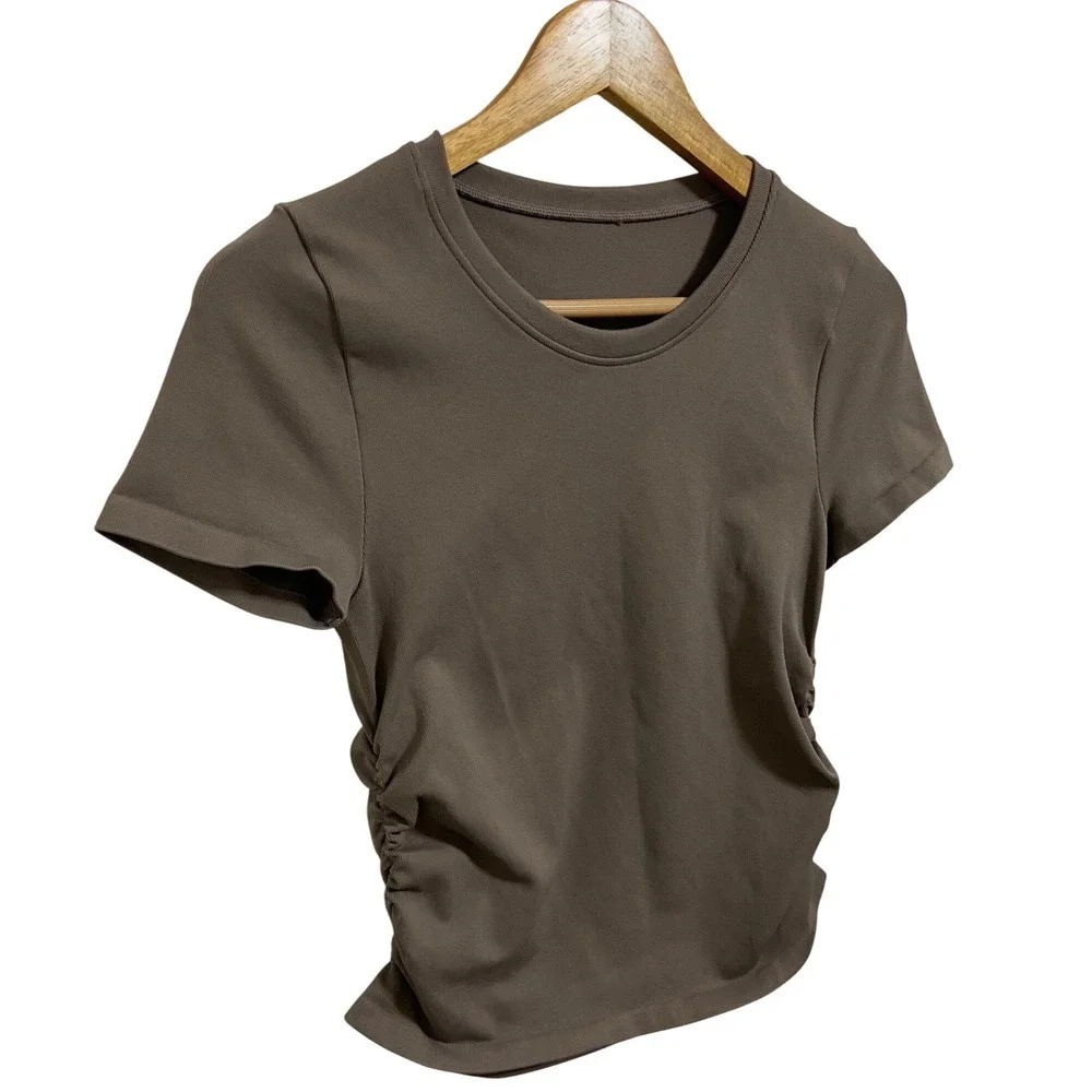 OQQ Ruched Side Short Sleeve Tee Brown Athletic‎ Coachella Festival Bodycon M